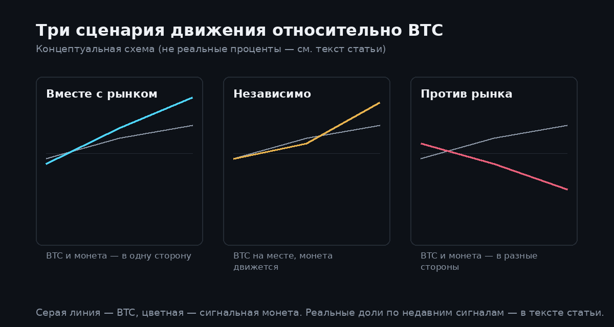 Три сценария движения монеты относительно BTC: вместе с рынком, независимо, против рынка